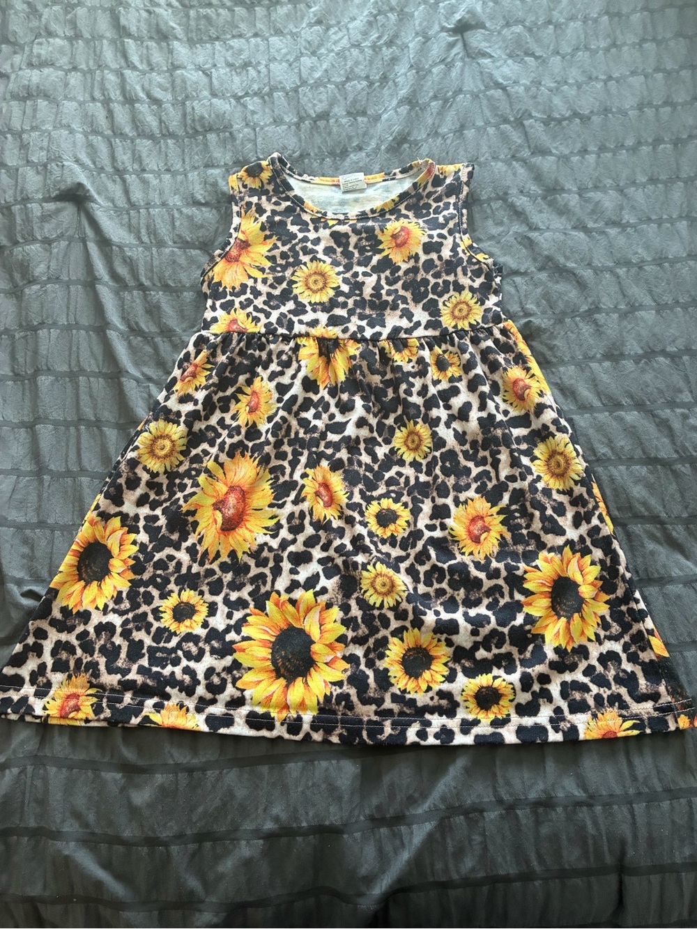 Girls Sunflower Leopard Print Sleeveless Dress - Yellow